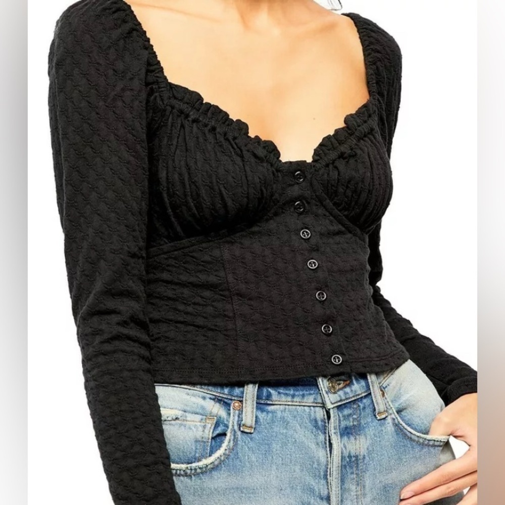 Free People Ladybug Long Sleeve Sweetheart Neck Top Black XS